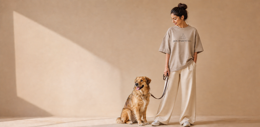 Model wearing premium Dog Parent Co apparel for dog walks and chill days