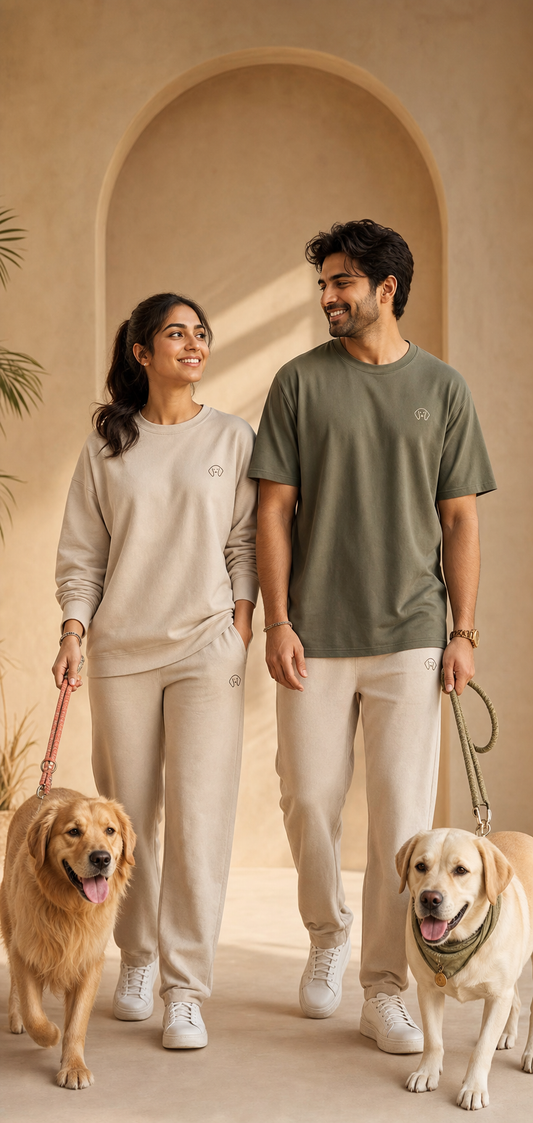 Dog parents wearing comfortable Dog Parent Co apparel for daily walks